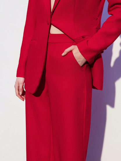 Conjunto de terno de trabalho feminino de Calça e Paletó de Mangas Longas com Lapela, de cor sólida bordô