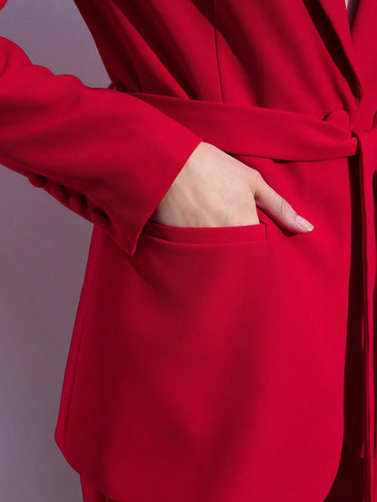 Conjunto de terno de trabalho feminino de Calça e Paletó de Mangas Longas com Lapela, de cor sólida bordô
