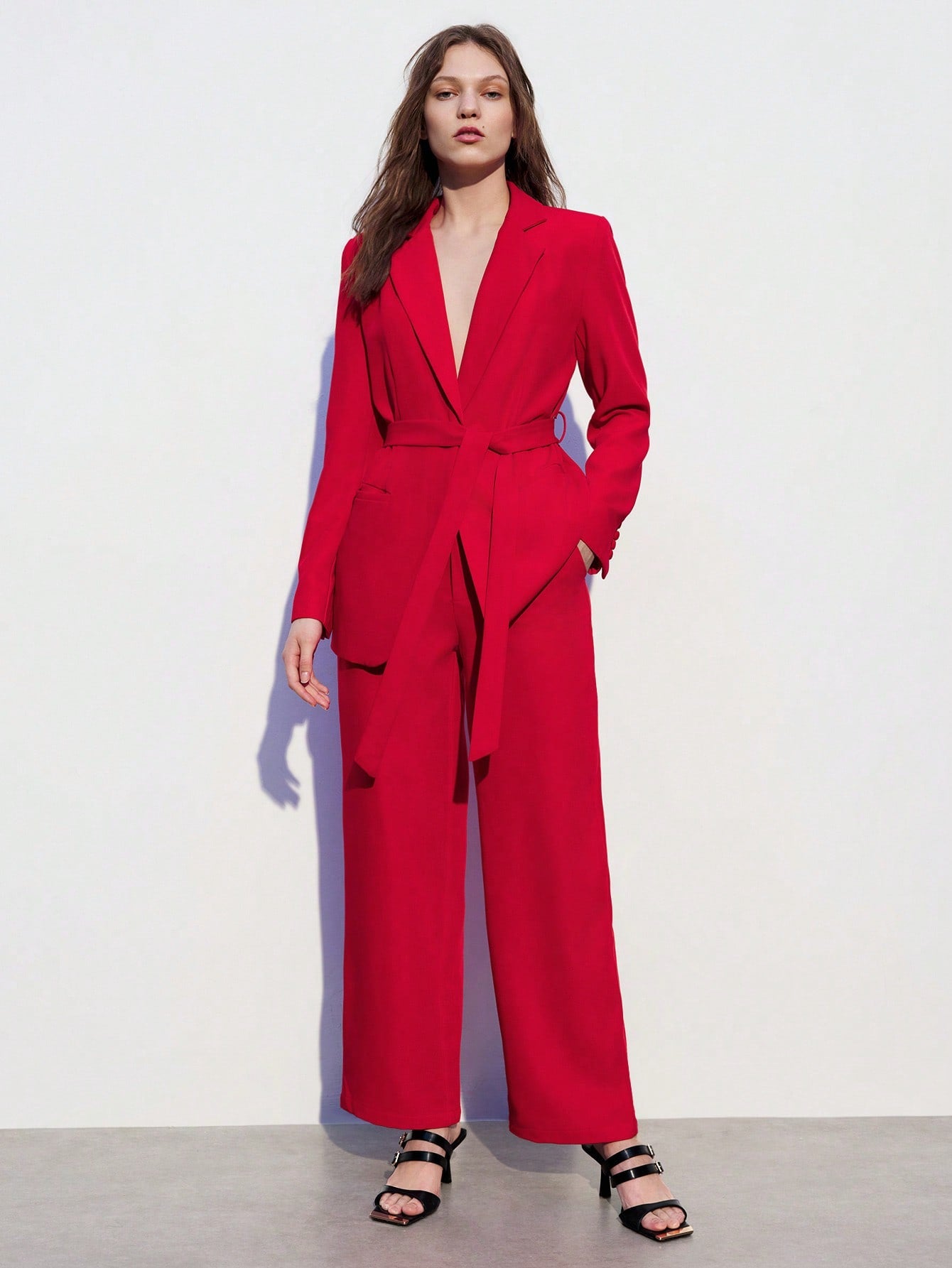 Conjunto de terno de trabalho feminino de Calça e Paletó de Mangas Longas com Lapela, de cor sólida bordô