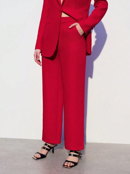 Conjunto de terno de trabalho feminino de Calça e Paletó de Mangas Longas com Lapela, de cor sólida bordô