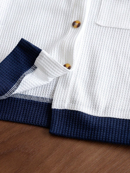 2 peças conjunto leve de cardigã de mangas curtas e shorts com bloco de cores para menino jovem, adequado para cena de rua e viagem, roupas de verão.