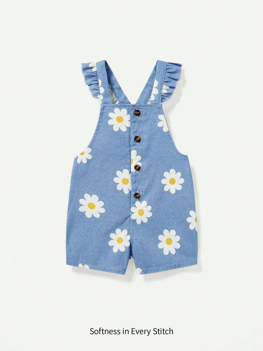 Cozy Pixies Macacão de Verão Bebê Menina Denim e Estampa Floral com Mangas Sino