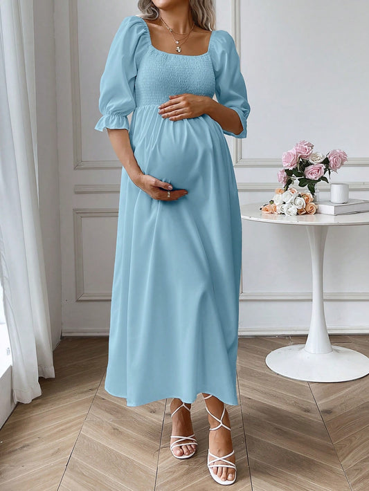 Vestido Midi Casual de Primavera/Verão com Gola Quadrada e Manga Lanterna Folgada para Maternidade em Manga Curta