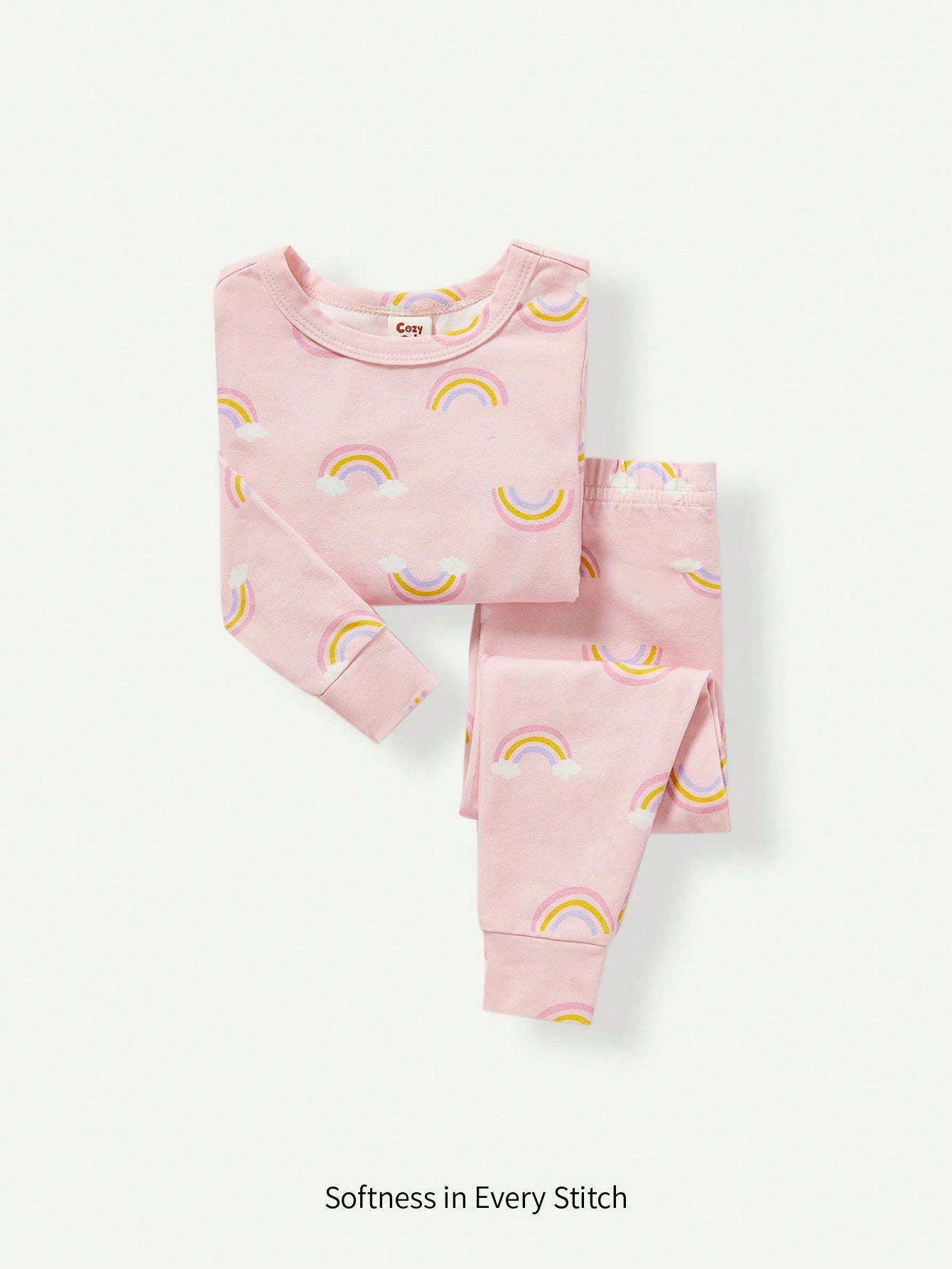 2 peças Conjunto de Pijama Justo para Meninas Bebê com Estampa Gráfica Arco-Íris - Top de Manga Longa e Calça