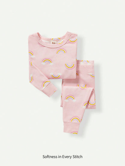 2 peças Conjunto de Pijama Justo para Meninas Bebê com Estampa Gráfica Arco-Íris - Top de Manga Longa e Calça