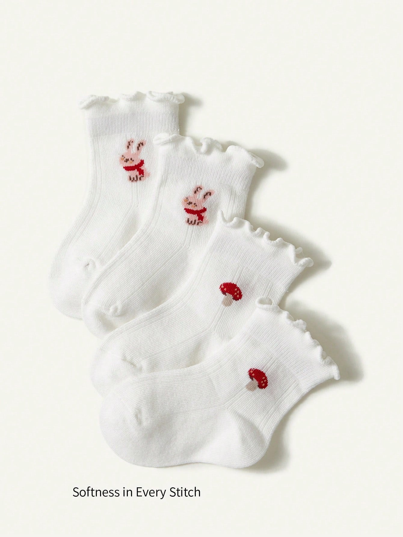 2 Pares De Meias De Renda Fofas De Bebê Com Design De Coelho E Cogumelo, Branco