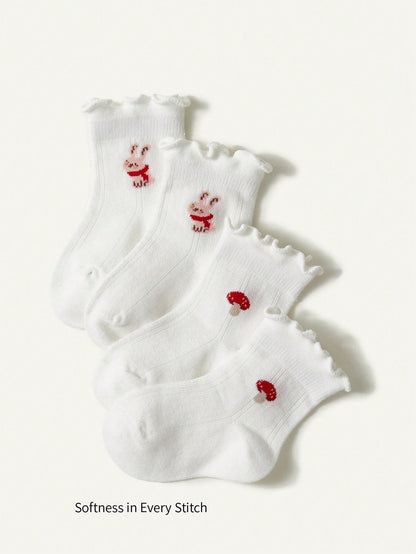2 Pares De Meias De Renda Fofas De Bebê Com Design De Coelho E Cogumelo, Branco