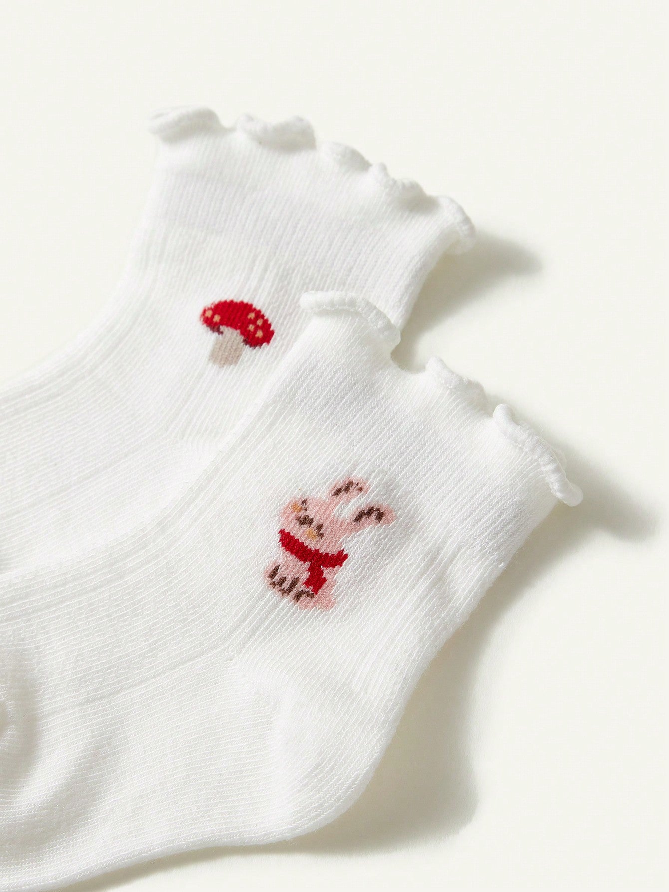 2 Pares De Meias De Renda Fofas De Bebê Com Design De Coelho E Cogumelo, Branco