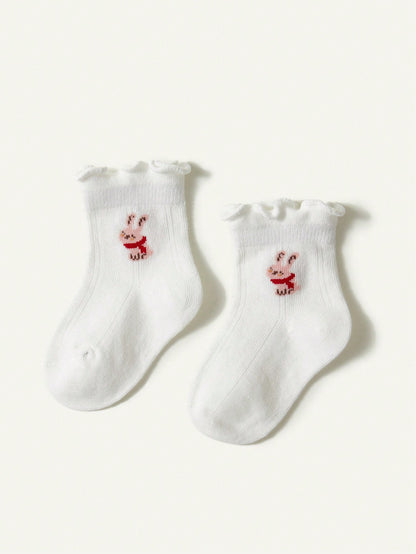 2 Pares De Meias De Renda Fofas De Bebê Com Design De Coelho E Cogumelo, Branco