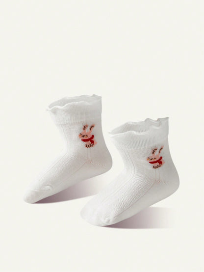 2 Pares De Meias De Renda Fofas De Bebê Com Design De Coelho E Cogumelo, Branco