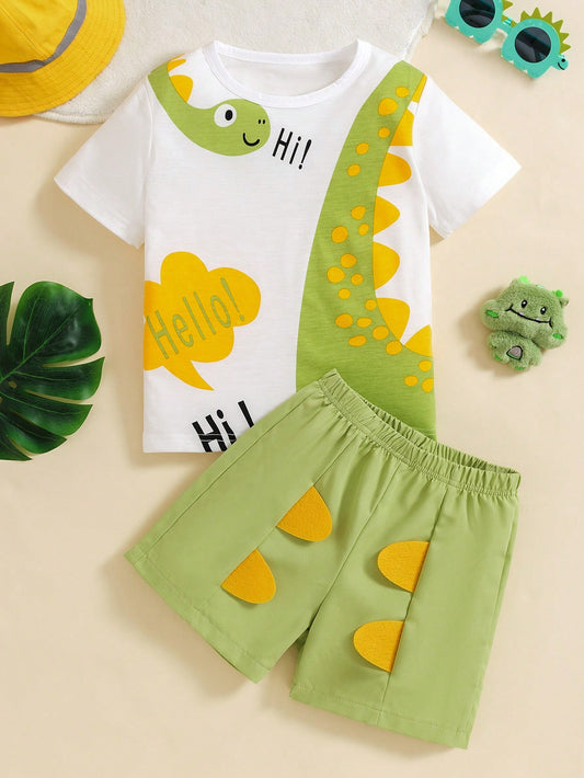 Conjunto Casual Menino De 2 Peças Camiseta Com Estampa De Dinossauro E Letra E Short De Cor Sólida Com Chifre De Dinossauro 3d Para Uso Diário, Escola, Férias, Esportes, Estação Primavera/verão