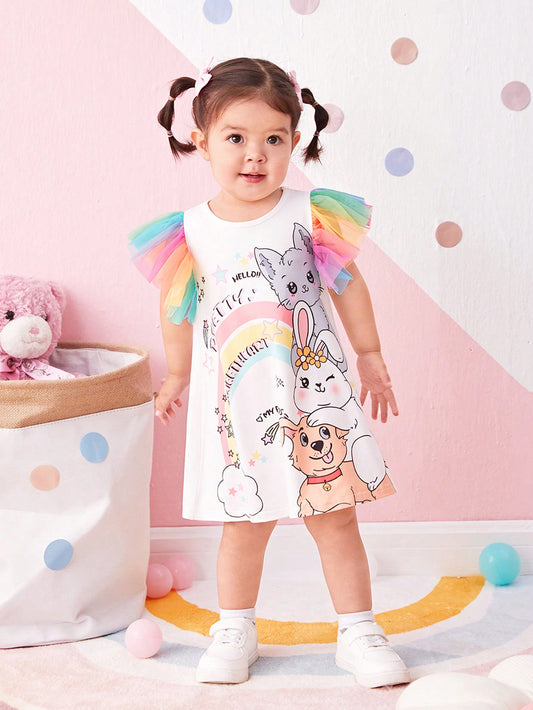 Vestido Solto Casual Para Bebê Menina Fofo Com Padrão De Desenho Animado E Manga Curta, Adequado Para O Verão