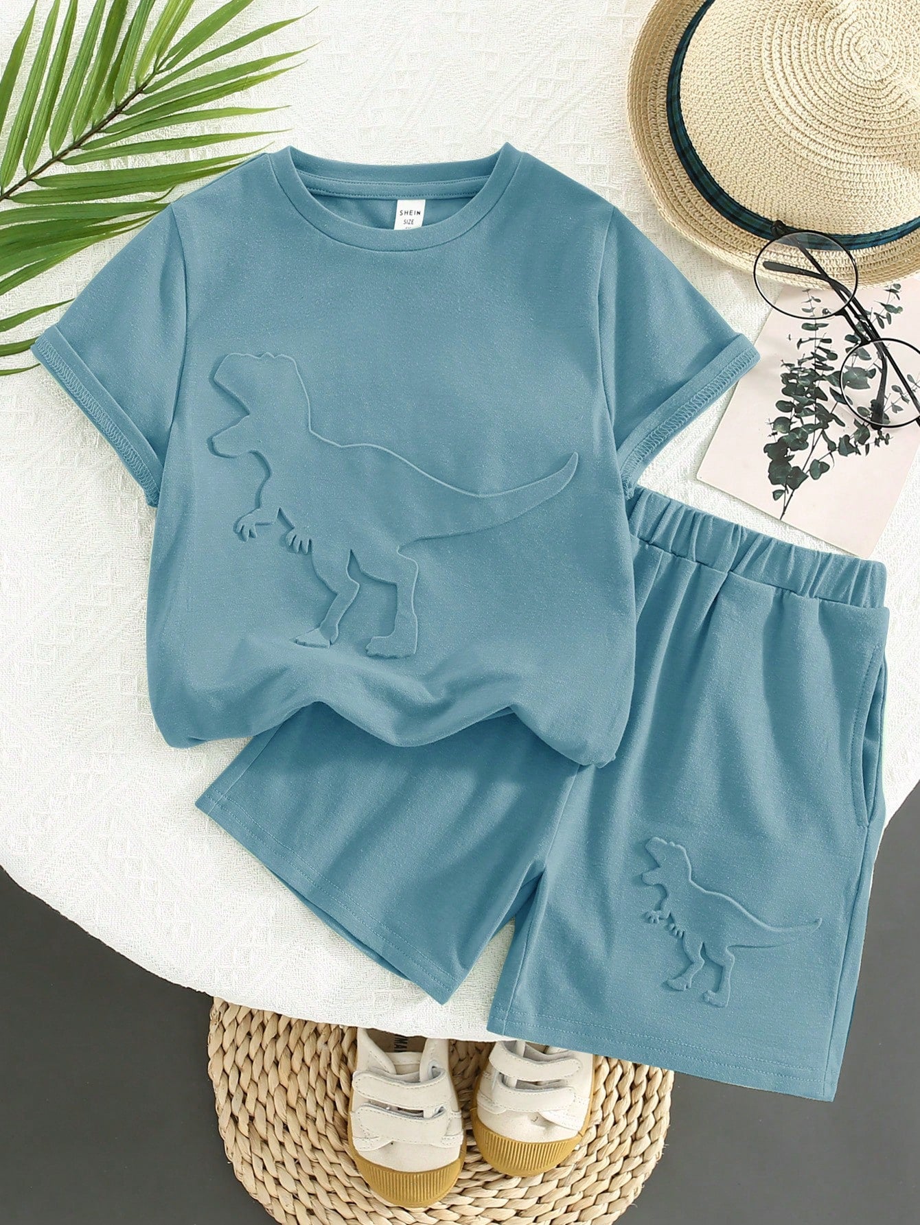 2 Peças/conjunto Camiseta De Manga Curta E Shorts Para Meninos Jovens Impresso Dinossauro Casual, Confortável E Macio, Adequado Para Primavera E Verão