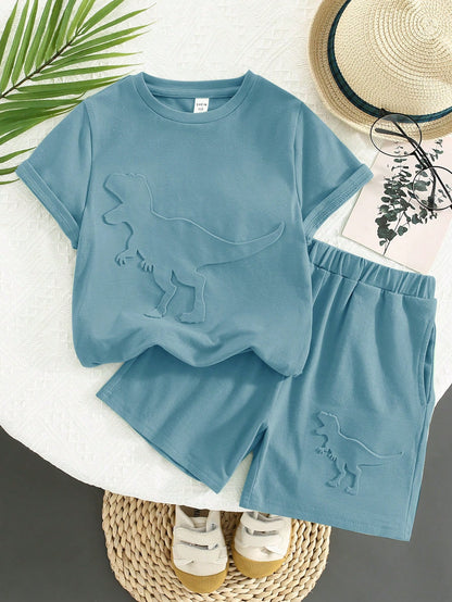 2 Peças/conjunto Camiseta De Manga Curta E Shorts Para Meninos Jovens Impresso Dinossauro Casual, Confortável E Macio, Adequado Para Primavera E Verão