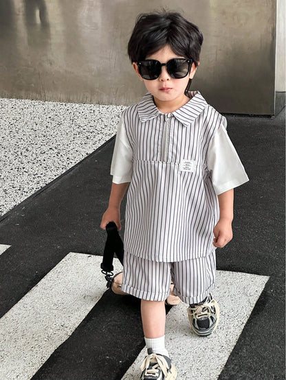 Genkimix Kids Conjunto de 2 peças para menino: Colete Listrado Casual de Zíper Meio Sem Mangas com Gola e Shorts, Adequado para Atividades ao Ar Livre no Verão
