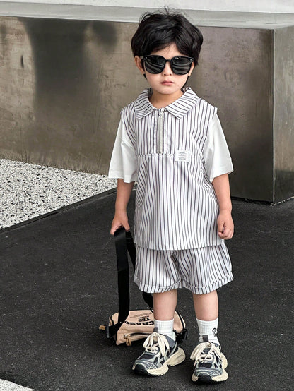 Genkimix Kids Conjunto de 2 peças para menino: Colete Listrado Casual de Zíper Meio Sem Mangas com Gola e Shorts, Adequado para Atividades ao Ar Livre no Verão