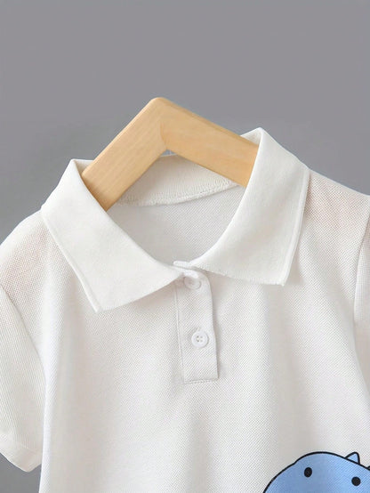 Conjunto de 2 peças de roupas casuais com Top polo de manga curta com estampa de dinossauro e calça curta sólida para meninos, na moda.