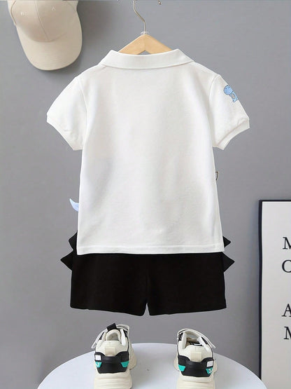 Conjunto de 2 peças de roupas casuais com Top polo de manga curta com estampa de dinossauro e calça curta sólida para meninos, na moda.