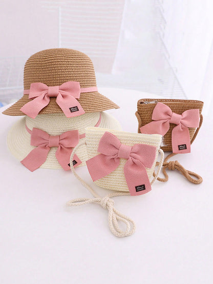 1 conjunto fofo Chapéu laço para meninas, Chapéu de balde à sombra para bebês, Chapéu de balde princesa de aba larga anti-UV