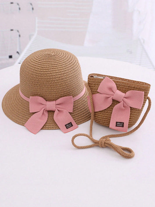 1 conjunto fofo Chapéu laço para meninas, Chapéu de balde à sombra para bebês, Chapéu de balde princesa de aba larga anti-UV