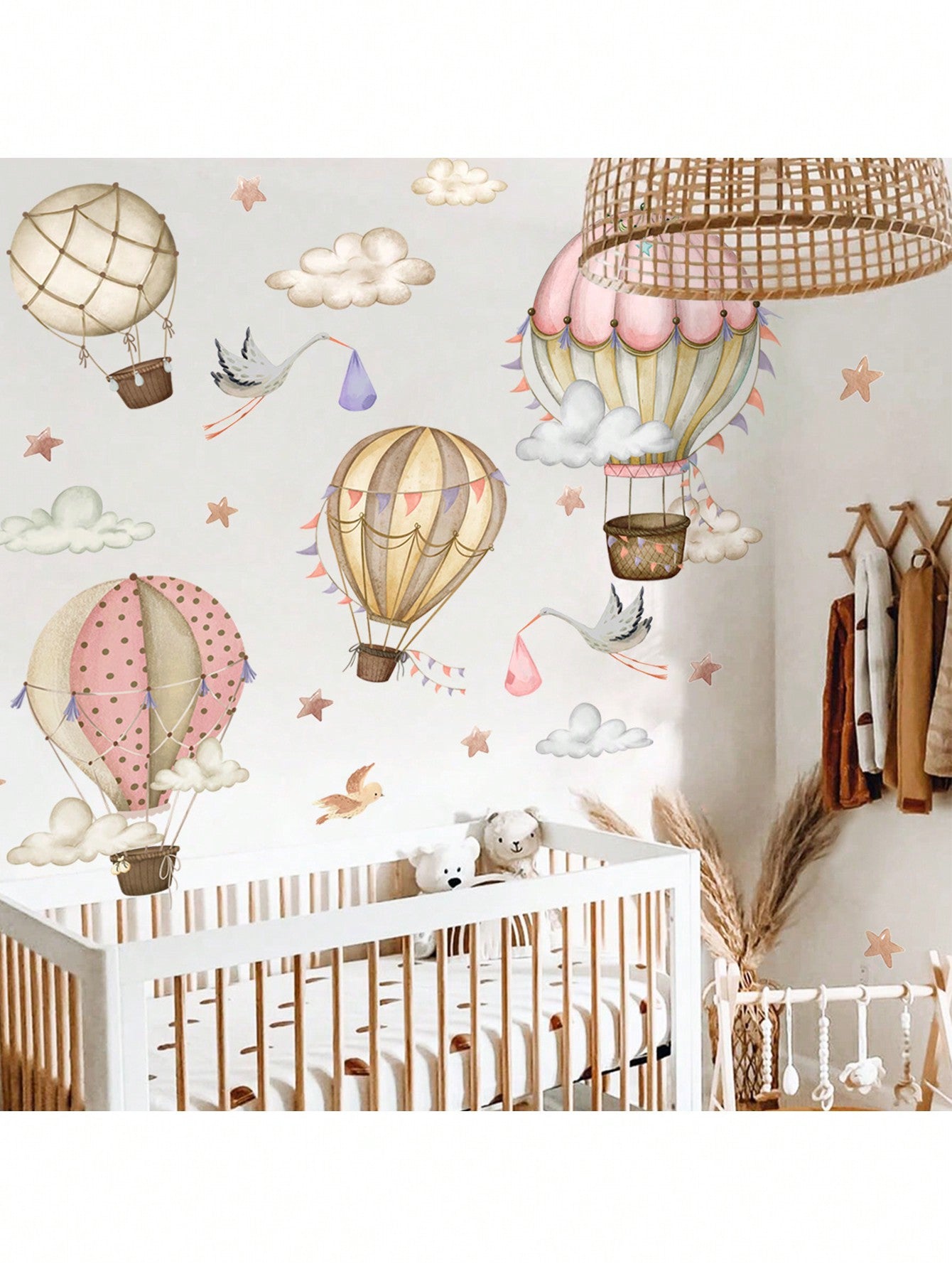 1 Peça adesivo de parede de balão de ar quente desenhado à mão em estilo de desenho animado com elementos de nuvem e estrela, decalque autoadesivo para decoração de parede da sala de estar ou quarto infantil