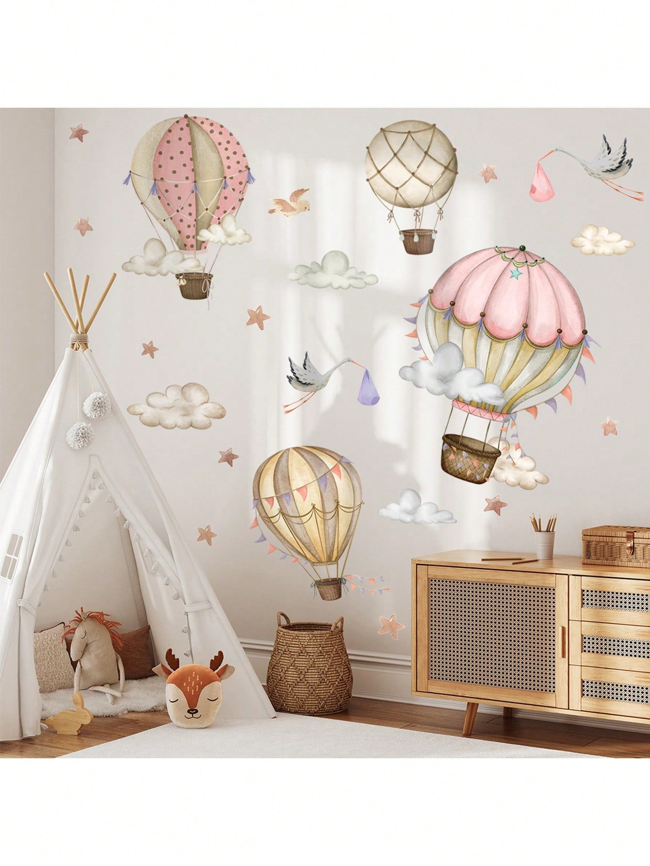 1 Peça adesivo de parede de balão de ar quente desenhado à mão em estilo de desenho animado com elementos de nuvem e estrela, decalque autoadesivo para decoração de parede da sala de estar ou quarto infantil