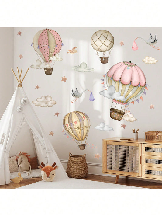 1 Peça adesivo de parede de balão de ar quente desenhado à mão em estilo de desenho animado com elementos de nuvem e estrela, decalque autoadesivo para decoração de parede da sala de estar ou quarto infantil