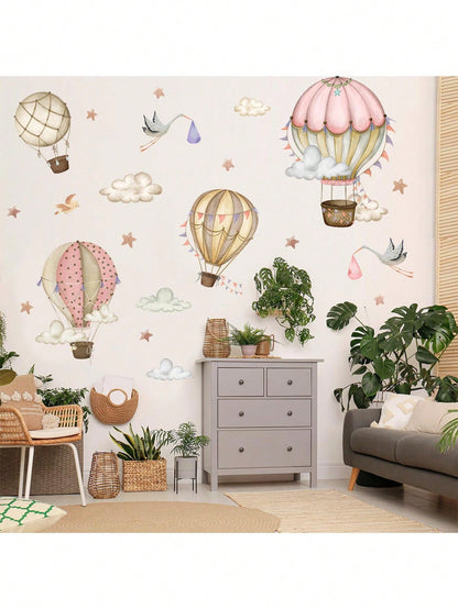 1 Peça adesivo de parede de balão de ar quente desenhado à mão em estilo de desenho animado com elementos de nuvem e estrela, decalque autoadesivo para decoração de parede da sala de estar ou quarto infantil