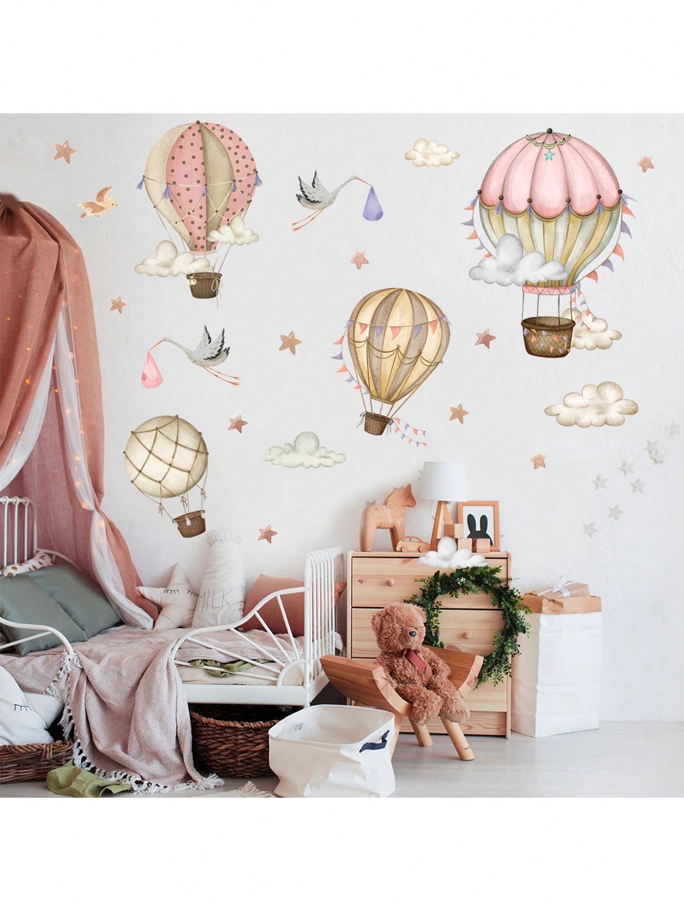 1 Peça adesivo de parede de balão de ar quente desenhado à mão em estilo de desenho animado com elementos de nuvem e estrela, decalque autoadesivo para decoração de parede da sala de estar ou quarto infantil