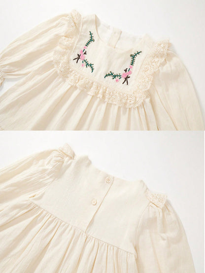 1 peça Vestido de Princesa com Manga Longa e Bainha com Babados Bordados com Flores para Outono