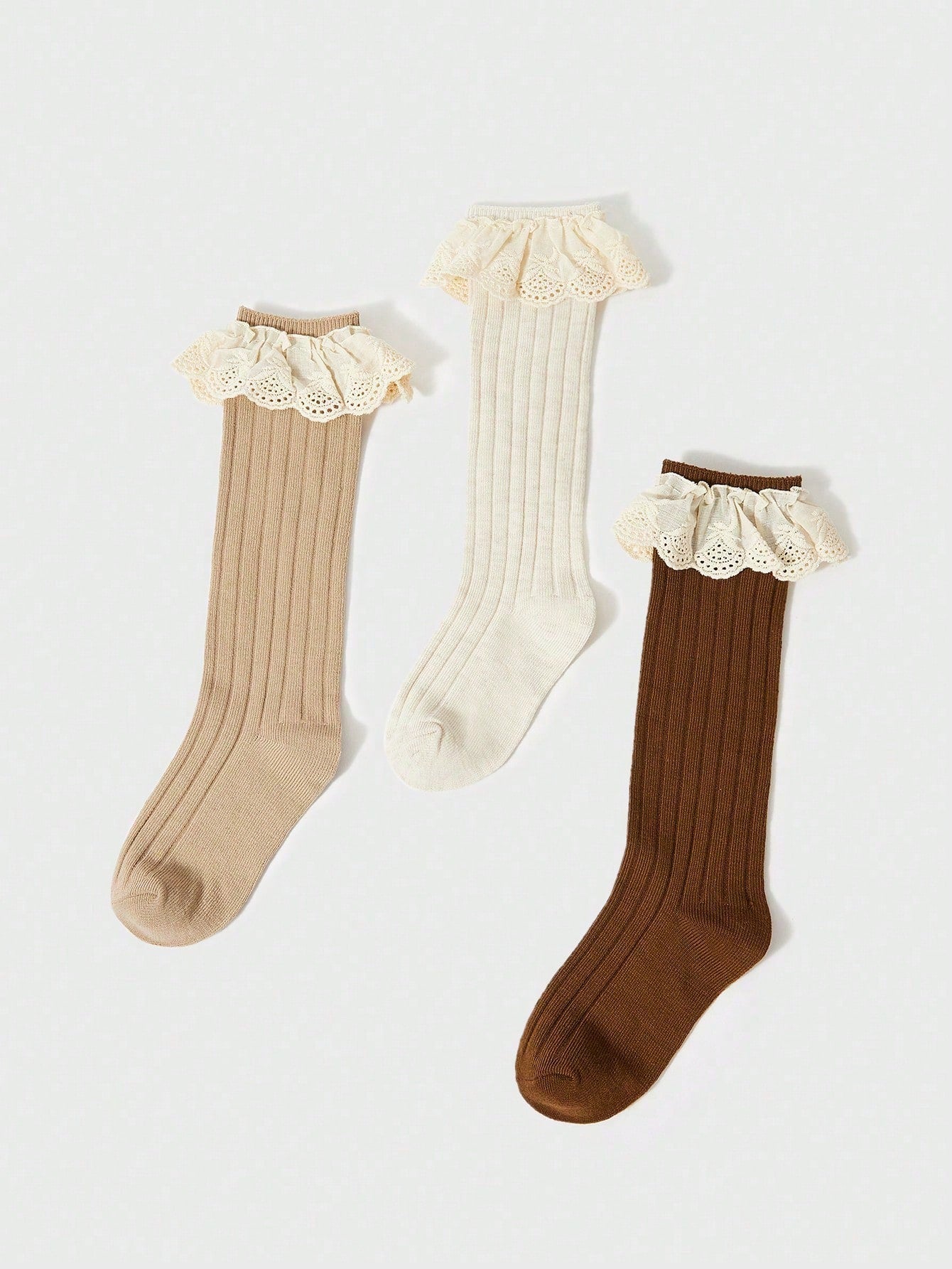 3 pares de Meias Infantis de cano alto simples com borda de renda e cores sólidas, adequadas para o uso diário doce e adorável de meninas.