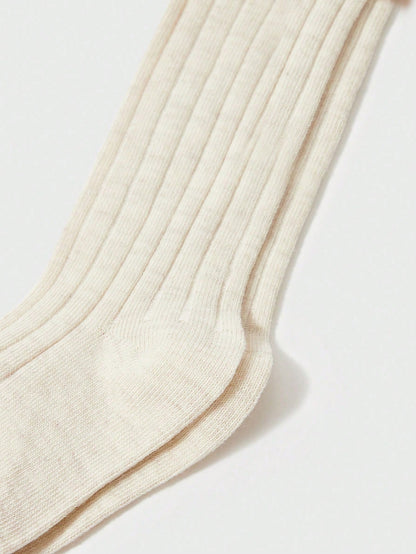 3 pares de Meias Infantis de cano alto simples com borda de renda e cores sólidas, adequadas para o uso diário doce e adorável de meninas.