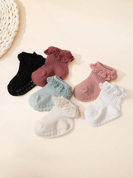 6 pares de meias de renda antiderrapante para bebê menina para a primavera e o verão, meias curtas respiráveis