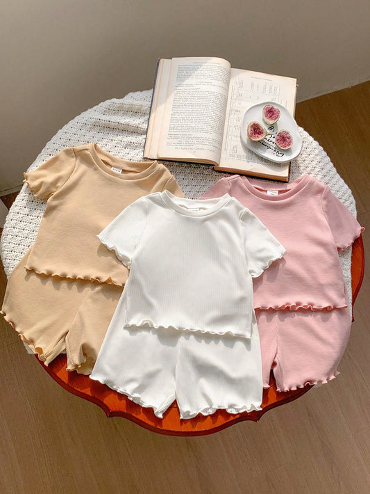 Kit com 6 peças para bebê menina, conjunto de top de malha simples com mangas curtas de cor sólida e shorts com cintura elástica adoráveis.