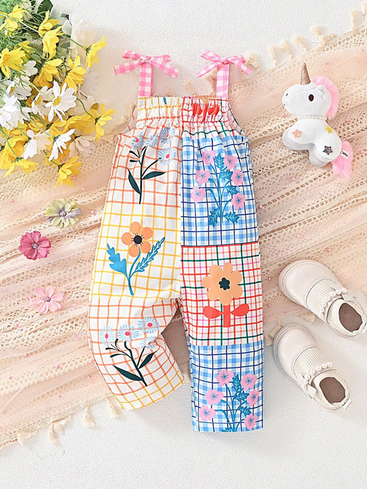 Macacão de bebê feminino com estampa Xadrez e Floral Fashion