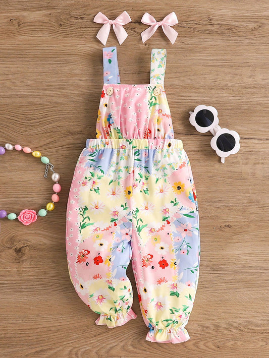 Macacão fofo de remendo floral para bebê menina com laço removível e calças compridas para o verão