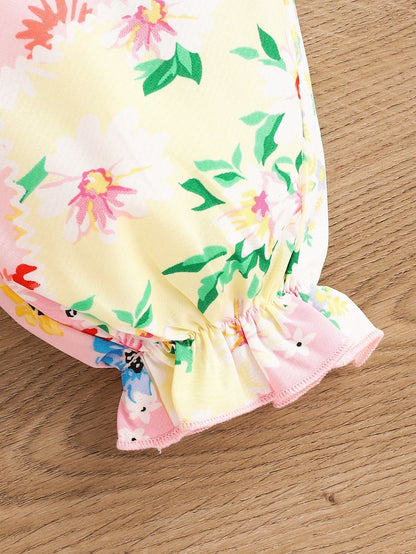 Macacão fofo de remendo floral para bebê menina com laço removível e calças compridas para o verão