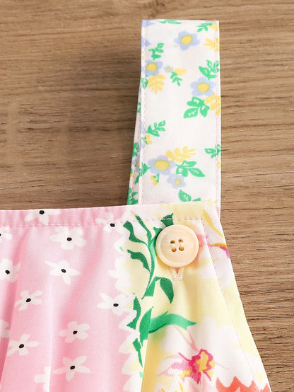 Macacão fofo de remendo floral para bebê menina com laço removível e calças compridas para o verão