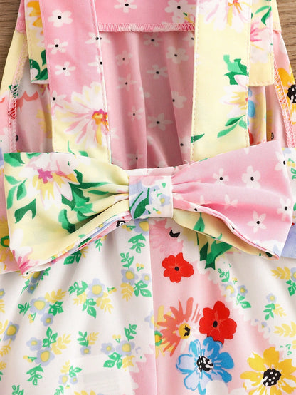 Macacão fofo de remendo floral para bebê menina com laço removível e calças compridas para o verão