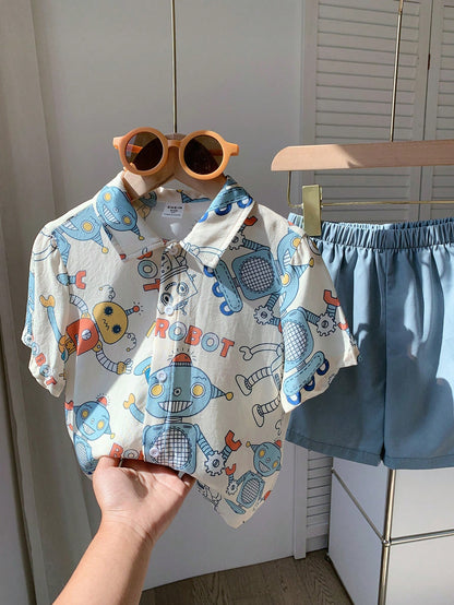 2 peças Conjunto de Cardigan com Gola e Shorts de Manga Curta com Padrão de Robô Cartonado para Menino(a) Jovem, Adequado para Viagens, Escola, Primavera e Verão
