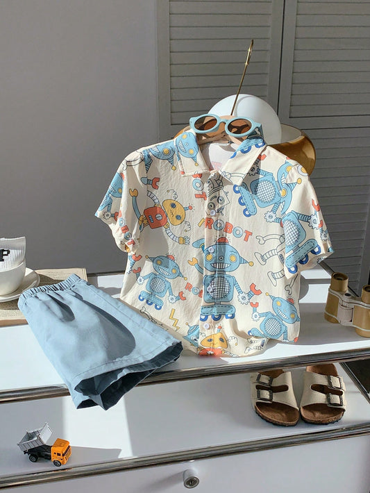 2 peças Conjunto de Cardigan com Gola e Shorts de Manga Curta com Padrão de Robô Cartonado para Menino(a) Jovem, Adequado para Viagens, Escola, Primavera e Verão