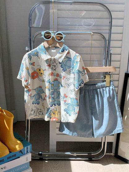 2 peças Conjunto de Cardigan com Gola e Shorts de Manga Curta com Padrão de Robô Cartonado para Menino(a) Jovem, Adequado para Viagens, Escola, Primavera e Verão