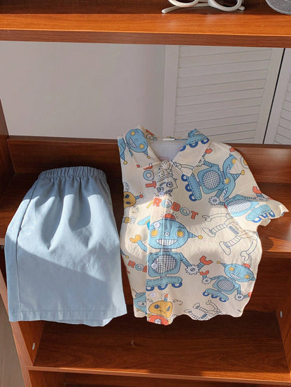 2 peças Conjunto de Cardigan com Gola e Shorts de Manga Curta com Padrão de Robô Cartonado para Menino(a) Jovem, Adequado para Viagens, Escola, Primavera e Verão