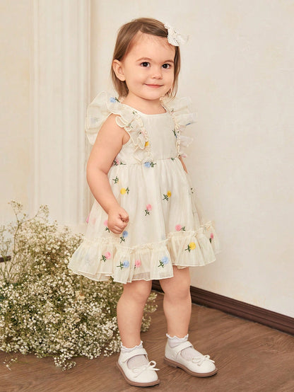 Vestido sem mangas fofo de organza com estampa floral e babados para bebês meninas, ideal para o verão