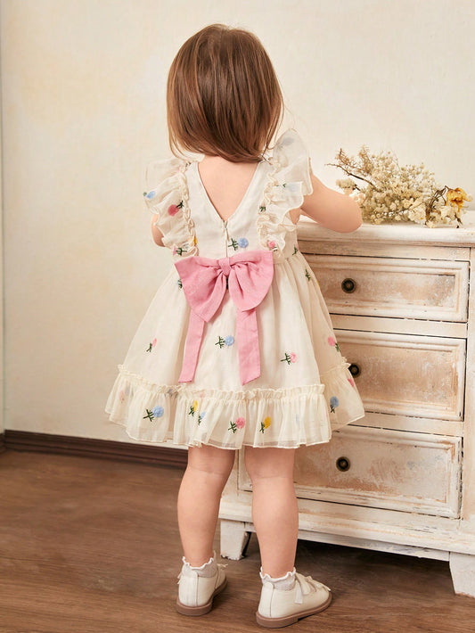 Vestido sem mangas fofo de organza com estampa floral e babados para bebês meninas, ideal para o verão