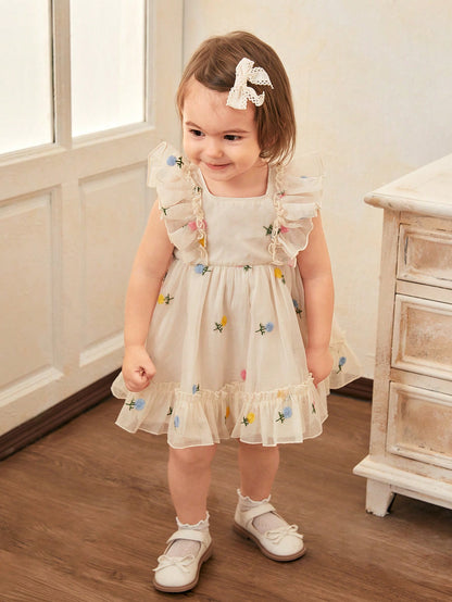 Vestido sem mangas fofo de organza com estampa floral e babados para bebês meninas, ideal para o verão