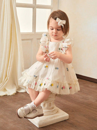 Vestido sem mangas fofo de organza com estampa floral e babados para bebês meninas, ideal para o verão