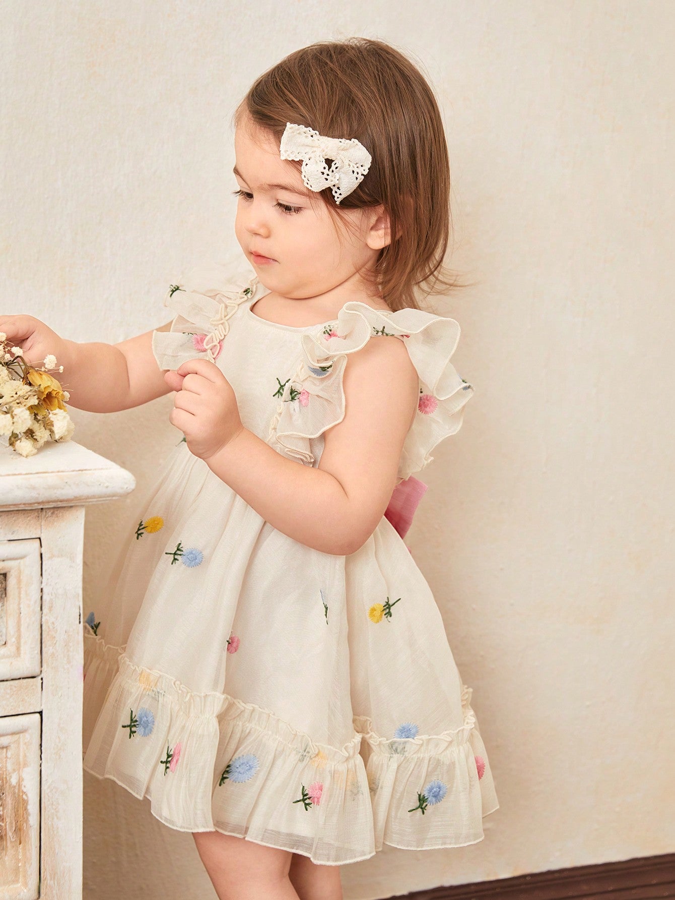 Vestido sem mangas fofo de organza com estampa floral e babados para bebês meninas, ideal para o verão