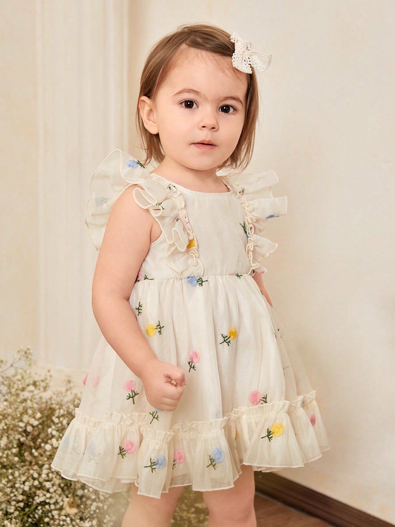 Vestido sem mangas fofo de organza com estampa floral e babados para bebês meninas, ideal para o verão