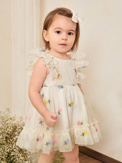 Vestido sem mangas fofo de organza com estampa floral e babados para bebês meninas, ideal para o verão
